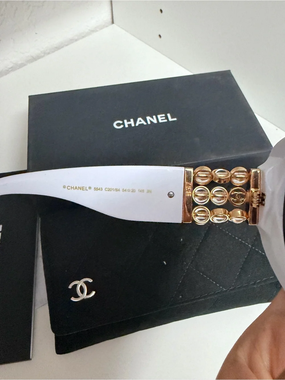 Authentic CHANEL White Round Sunglasses with Gold Chain Detail
